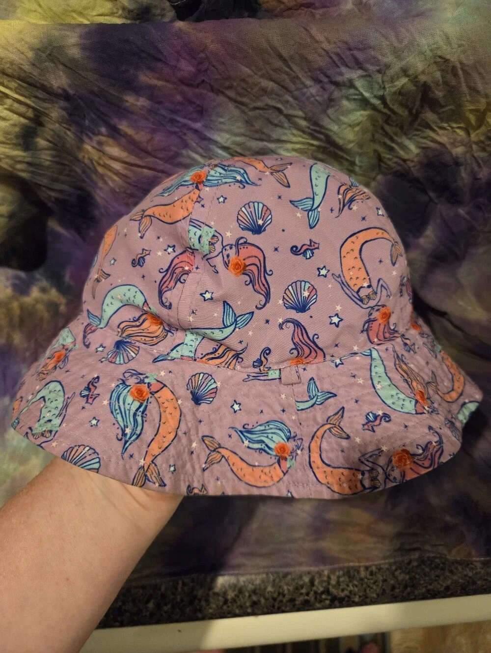 3-9 months reversible sun hat purple mermaid & blue sea life